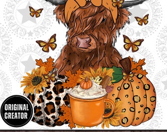 Fall Highland Cow PNG | Pumpkin Spice, Autumn Design (Digital Download)