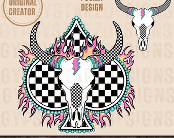 Retro Rodeo Bull PNG, Checkered Western Design (Digital Download)