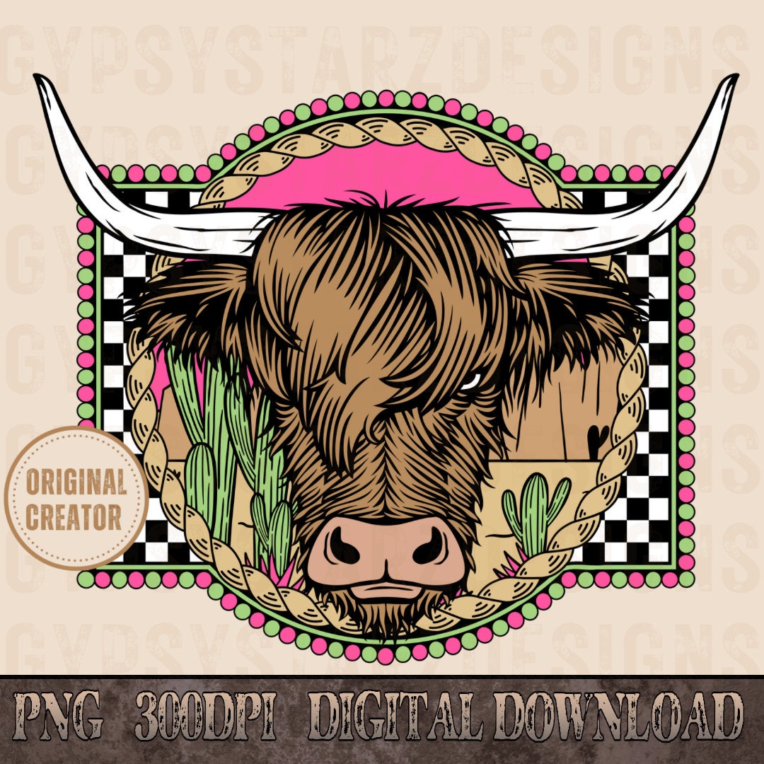 Retro Western Highland Cow PNG, Sublimation Design (digital Download ...