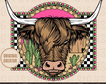 May include: A digital illustration of a brown Highland cow with a pink background. The cow is surrounded by a green, white, and pink rope border with a checkered pattern.