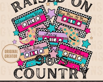 Cintas de casete country de los 90 en formato PNG, estilo retro western con sublimación (descarga digital).