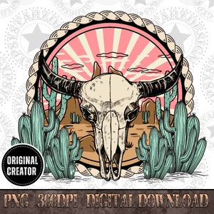 May include: A digital illustration of a white bull skull with horns against a pink and orange sunset background. The skull is surrounded by green cactus plants.