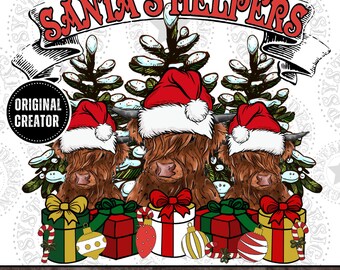 Highland Cow Christmas PNG | Santa's Helpers Sublimation (Digital Download)