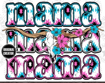 Mama Aztec Print PNG, Western Longhorn Sublimation (Digital Download)
