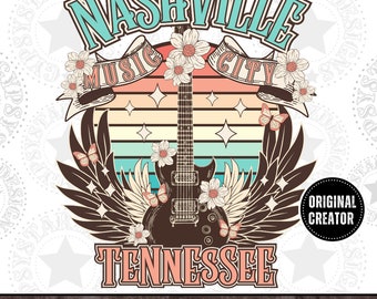 May include: A retro-style graphic design featuring a guitar with wings, flowers, and butterflies. The text "Nashville Music City Tennessee" is displayed in a vintage font.