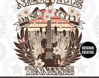 May include: A vintage-style graphic design featuring a guitar, a cityscape, and the words "Nashville Music City Tennessee". The design is in shades of brown, beige, and pink, with a retro sunset background.