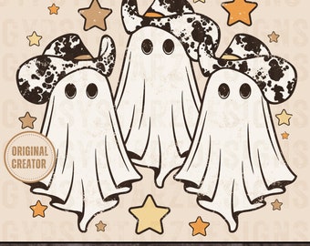 Peut inclure: Trois fantômes blancs portant des chapeaux de cow-boy avec un motif de vache noir et blanc. Les fantômes sont sur un fond brun clair avec des étoiles jaunes.