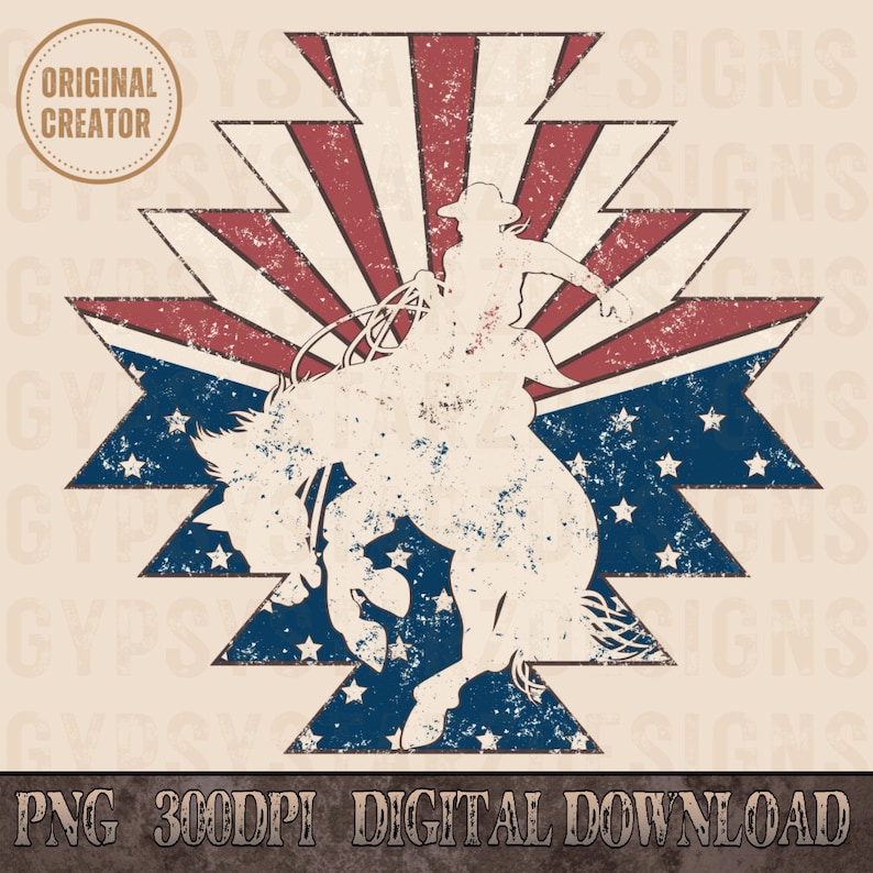 May include: A silhouette of a cowboy riding a bucking horse in front of a red, white, and blue American flag with stars. The image has a distressed, vintage look.