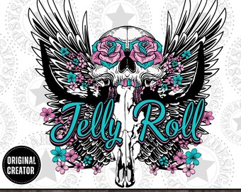 Jelly Roll Bull Skull Western PNG, Sublimation Design (Digital Download)