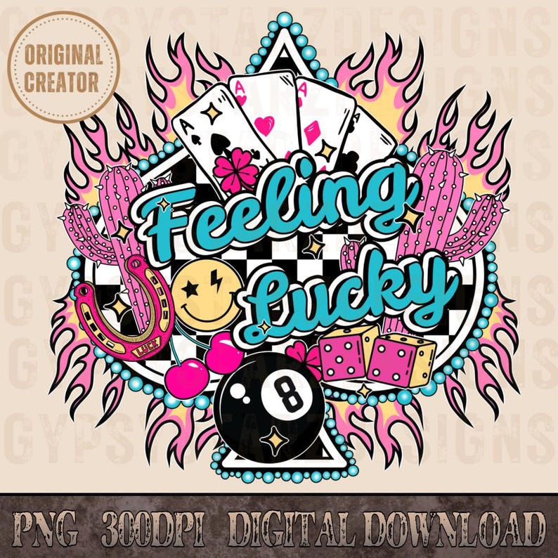 K&ouml;nnte beinhalten: Eine digitale Illustration eines pinkfarbenen und blauen Pik-Ass mit Flammen, einem schwarz-wei&szlig; karierten Hintergrund, einer schwarzen 8-Ball, einem Hufeisen, Kakteen, W&uuml;rfeln und dem Text "Feeling Lucky".