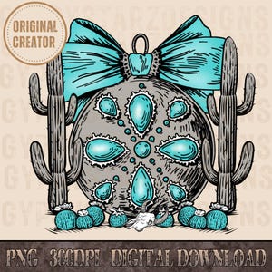 May include: A turquoise and grey Christmas bauble with a southwestern design. The bauble features a large turquoise stone in the centre surrounded by smaller turquoise stones. The bauble is decorated with a turquoise bow and is surrounded by cactus plants.