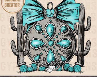 Noël Western Png, sublimation de Noël turquoise, conception de vacances Western, conception d'ornement Western, Western PNG, noeud de coquette