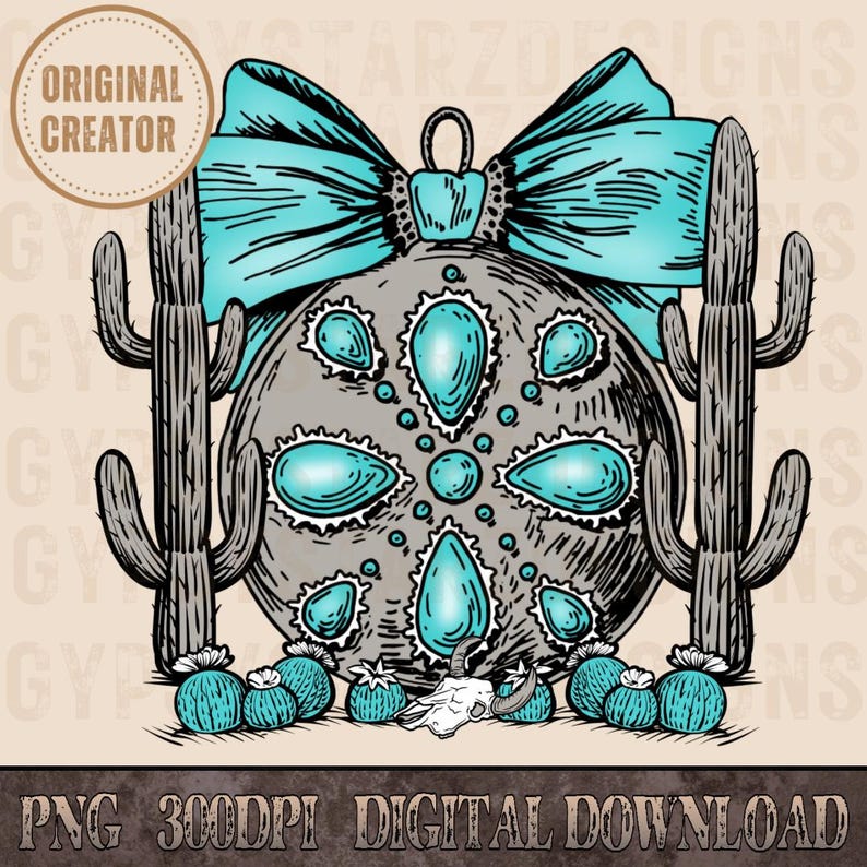 May include: A turquoise and grey Christmas bauble with a southwestern design. The bauble features a large turquoise stone in the centre surrounded by smaller turquoise stones. The bauble is decorated with a turquoise bow and is surrounded by cactus plants.