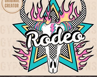 Retro Rodeo Bull PNG, Checkered Western Design (Digital Download)