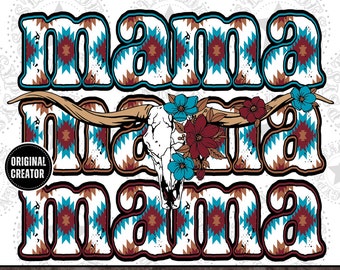 Mama Longhorn Skull, Aztec Print PNG, Western Sublimation (Digital Download)