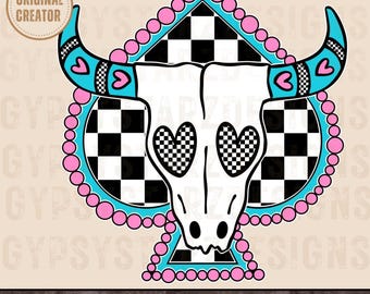 Retro Western Bull PNG, Checkered Print (Digital Download)