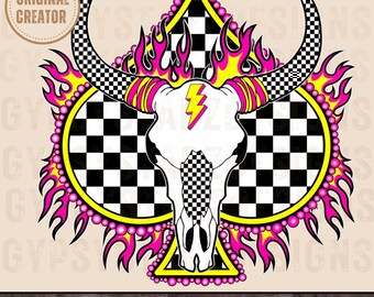 Neon Rodeo Bull Skull PNG, Retro Western Checkered Print (Digital Download)