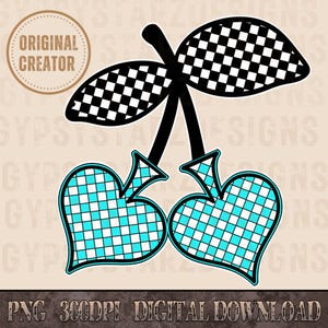 May include: Two black and white checkered cherries with blue and white checkered hearts. The cherries are on a light brown background.