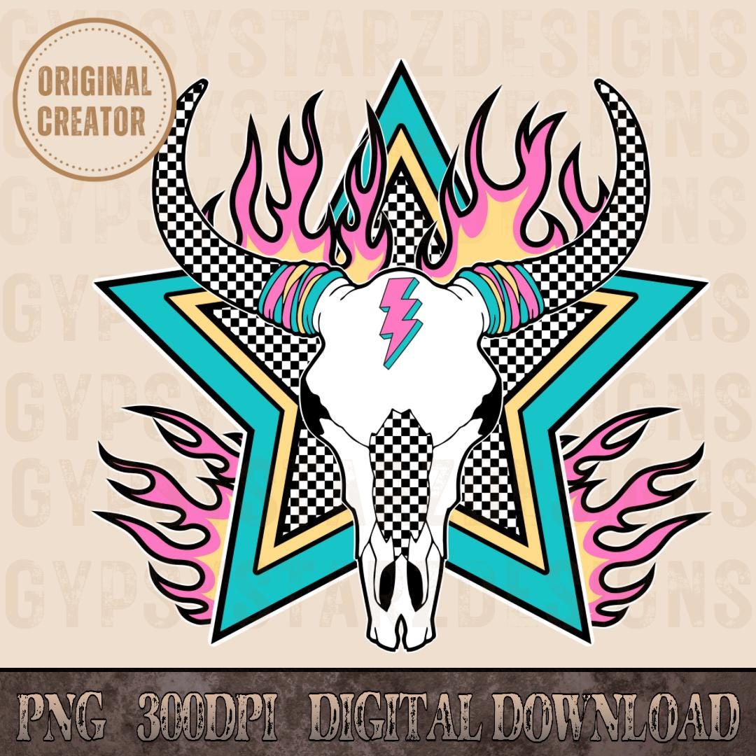 Retro Rodeo Bull Skull PNG, Checkered Western Art (digital Download) - Etsy