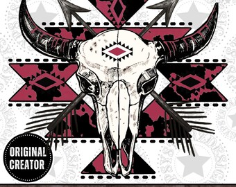 牛の頭蓋骨アステカPNG、ウエスタンシャツデザイン（デジタルダウンロード）