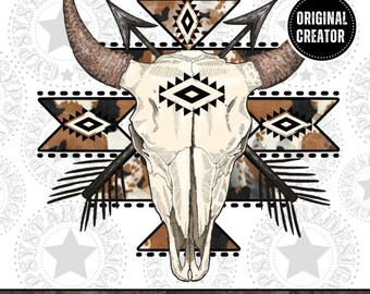 Original Creator Cow Print Aztec Western Bull Skull Png, Western PNG, Western PNG, Png File, Instant Download, Shirt Design, Boho Design
