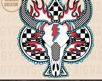 Retro Rodeo Bull PNG, Western Checkered Print (Digital Download)
