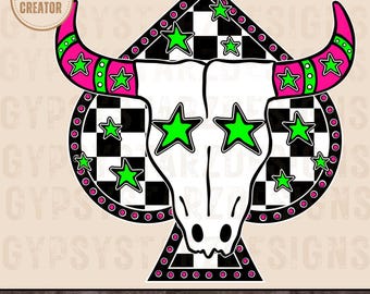 Retro Western Bull PNG, Checkered Star Design (Digital Download)
