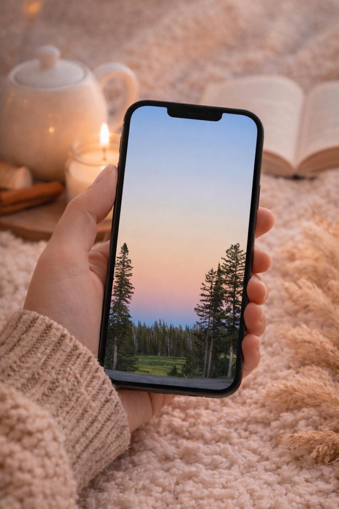 Calm Forest Sky Phone Wallpaper | Soft Pastel Evening Trees | Peaceful ...