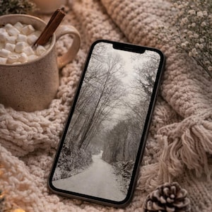 Op de afbeelding: Een smartphone toont een besneeuwde bosscène, rustend op een beige gebreide deken. Een mok warme chocolademelk met marshmallows en een kaneelstokje staat in de buurt, samen met een brandende kaars en een dennenappel. Gezellig winterthema.