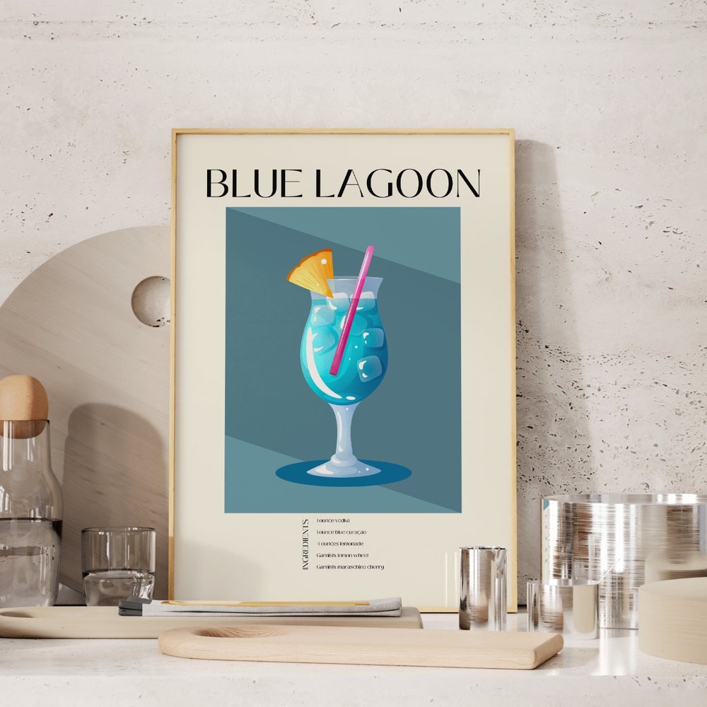 Peckshirt Custom Blue Lagoon Poster Print, Blue Lagoon Cocktail Poster, Retro Cocktail Print, Bar Cart Wall Art, Cocktail Recipe Poster Digital Download