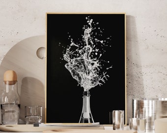 Schwarzweiß-Champagner-Print, Barwagen-Wandkunst (Digitaler Download)