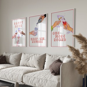 Happy Hour print set van 3, nog een ronde print, vintage cocktail poster digitale download, bar kar decor print, trendy roze muur kunst