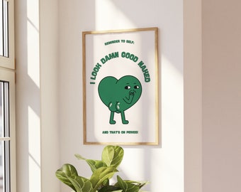 Retro Wall Print, 70s Wall Decor, Dorm Room Poster, Body Positive Art, Aesthetic Room Decor, Green Retro Poster, Digital Download