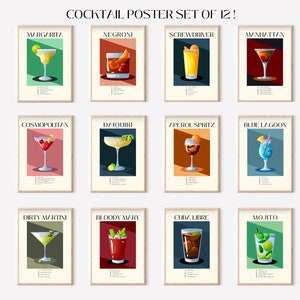 Set of 12 Alcohol Prints, Retro Cocktail Poster, Bar Cart Print, Happy Hour Wall Art, Colorful Gallery Wall Set, Aperol Spritz, Drinks Decor