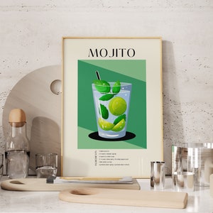 Mojito Cocktail Print, Mojito Poster, Cocktail Recipe Poster, Cute Home Bar Printable Art, Kitchen Wall Art, Bar Cart Decor Digital Download