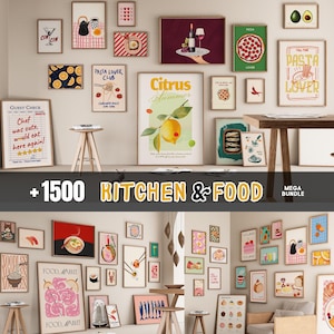 May include: A collection of framed kitchen and food-themed art prints. The prints feature illustrations of lemons, pizza, pasta, and other food items. The text includes "Citrus Summer", "Pasta Lover Club", and "+1500 Kitchen & Food".