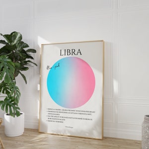 May include: A printable poster with a blue and pink gradient circle and the text "LIBRA" in black. The text "blue-pink" is written in cursive above the circle. The poster also includes a description of the Libra zodiac sign.