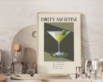 Dirty Martini Poster, Dirty Martini Retro Cocktail Print, Classic Cocktail Recipe Poster, Alcohol Print, Bar Cart Art Print DIGITAL DOWNLOAD