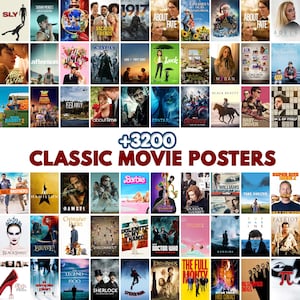 Könnte beinhalten: Eine Sammlung klassischer Filmplakate mit Titeln wie "Avatar", "Barbie" und "Spider-Man". Das Bild zeigt eine Vielzahl von Genres und Stilen, mit dem Text "+3200 CLASSIC MOVIE POSTERS" prominent dargestellt.