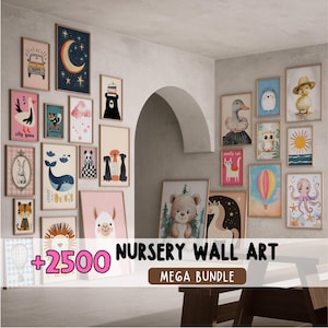 May include: A display of framed nursery wall art with illustrations of animals, stars, and whimsical scenes. The art pieces are in soft pastel colours, creating a gentle atmosphere. The text "Nursery Wall Art Mega Bundle" is displayed.