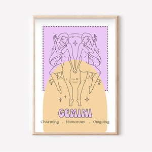 GEMINI Zodiac Wall Art Print Gemini Zodiac Art Printable Poster, Pastel Gemini Poster, Astrology Wall Art Trendy Girl Decor DIGITAL DOWNLOAD