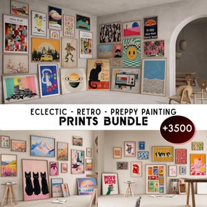 Pode incluir: Uma cole&ccedil;&atilde;o de impress&otilde;es de arte emolduradas em v&aacute;rios tamanhos e estilos, incluindo designs retr&ocirc;, preppy e ecl&eacute;ticos. As impress&otilde;es apresentam imagens diversas, desde paisagens e arte abstrata at&eacute; ilustra&ccedil;&otilde;es caprichosas. O texto "PRINTS BUNDLE" &eacute; vis&iacute;vel.