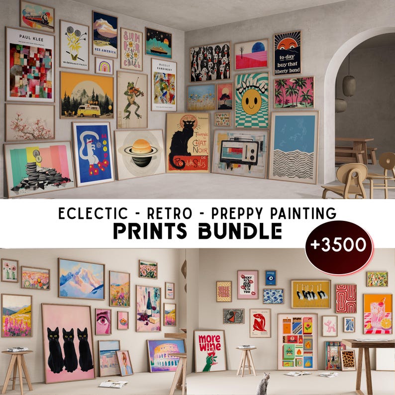 Pode incluir: Uma cole&ccedil;&atilde;o de impress&otilde;es de arte emolduradas em v&aacute;rios tamanhos e estilos, incluindo designs retr&ocirc;, preppy e ecl&eacute;ticos. As impress&otilde;es apresentam imagens diversas, desde paisagens e arte abstrata at&eacute; ilustra&ccedil;&otilde;es caprichosas. O texto "PRINTS BUNDLE" &eacute; vis&iacute;vel.
