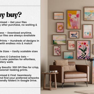 Pode incluir: Uma parede de galeria com impress&otilde;es de arte emolduradas em v&aacute;rios tamanhos e estilos. As obras de arte incluem pinturas de animais, paisagens e arranjos florais. O texto "Why buy?" &eacute; vis&iacute;vel, com informa&ccedil;&otilde;es do produto.