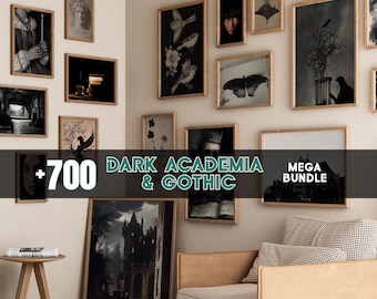 Pode incluir: Uma coleção de impressões de arte emolduradas com o tema dark academia e gótico. As impressões apresentam várias imagens, incluindo retratos, pássaros e cenas arquitetônicas. O texto na imagem diz "+700 DARK ACADEMIA & GOTHIC MEGA BUNDLE."