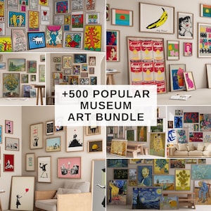 May include: A collection of framed art prints, including pop art, landscapes, and portraits, displayed on walls. The image features a variety of styles and sizes, with the text "+500 POPULAR MUSEUM ART BUNDLE" overlaid on the image.