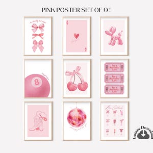 Trendy Pink Bows Wall Art Set of 9, Preppy Poster, College Apartment Decor, Watercolor Bows Print Coquette Room Decor Girly Wall Art DIGITAL
