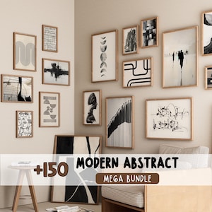 Peut inclure: Une collection d'impressions d'art abstrait moderne encadrées de différentes tailles et de différents motifs. L'œuvre présente des images en noir et blanc avec des formes géométriques, des figures et des paysages. Les cadres sont de couleur marron clair.