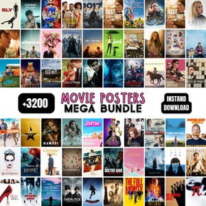 May include: A selection of film posters, including titles such as "Sonic 2," "Avatar," and "Barbie." The image showcases a variety of film genres and styles, with the text "+3200 MOVIE POSTERS MEGA BUNDLE INSTAND DOWNLOAD."