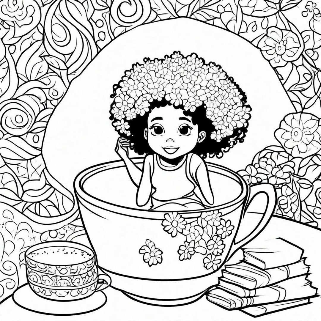 Girl in Tea Cup Digital Image Coloring Page - Etsy